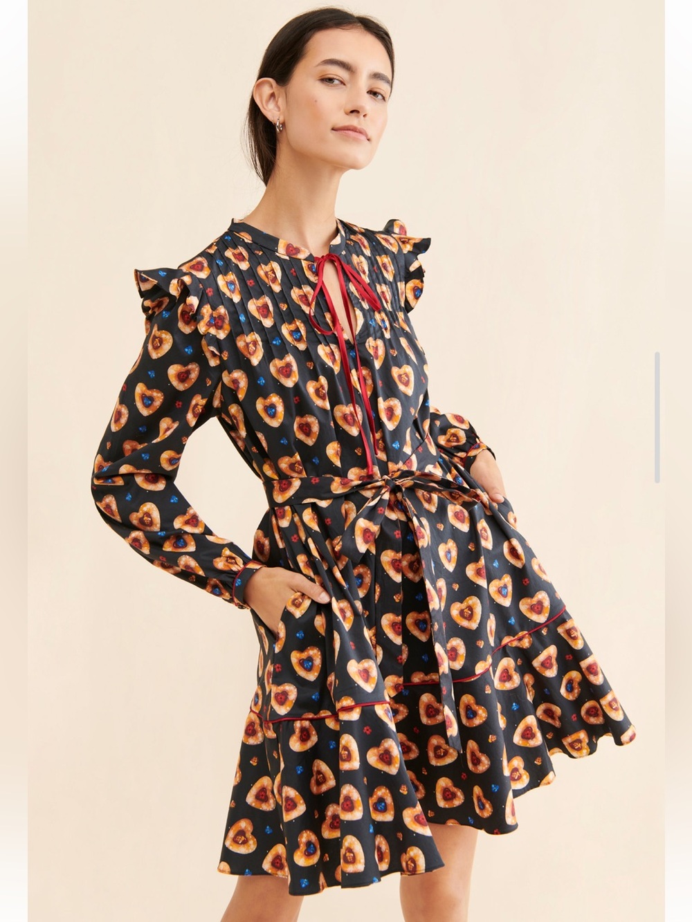 Nuuly x Rachel Antonoff Laura Cookie Heart Black Long Sleeve Ruffle Mini Dress S